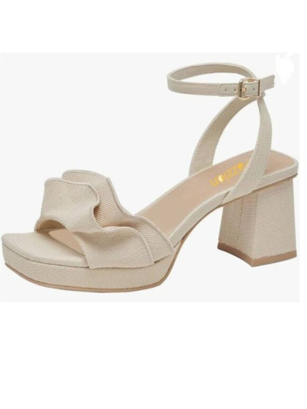 Pazzion Beige Platform Square Toe Pleated Ruffle Chunky High Heels Strap Sandals